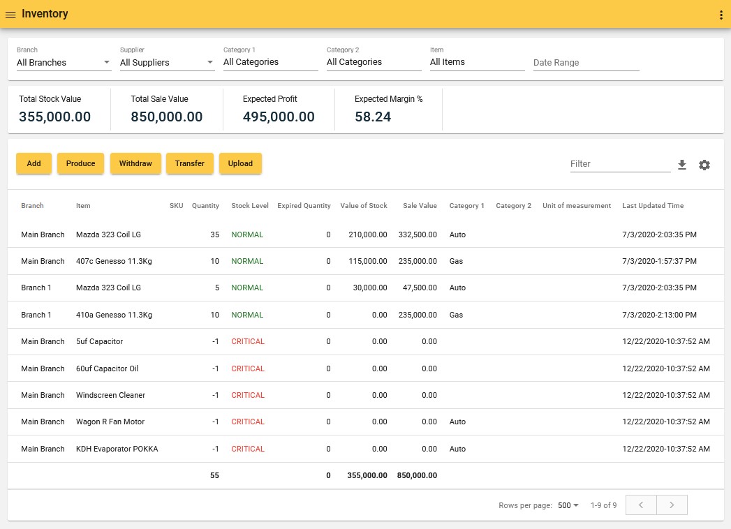 Inventory management page